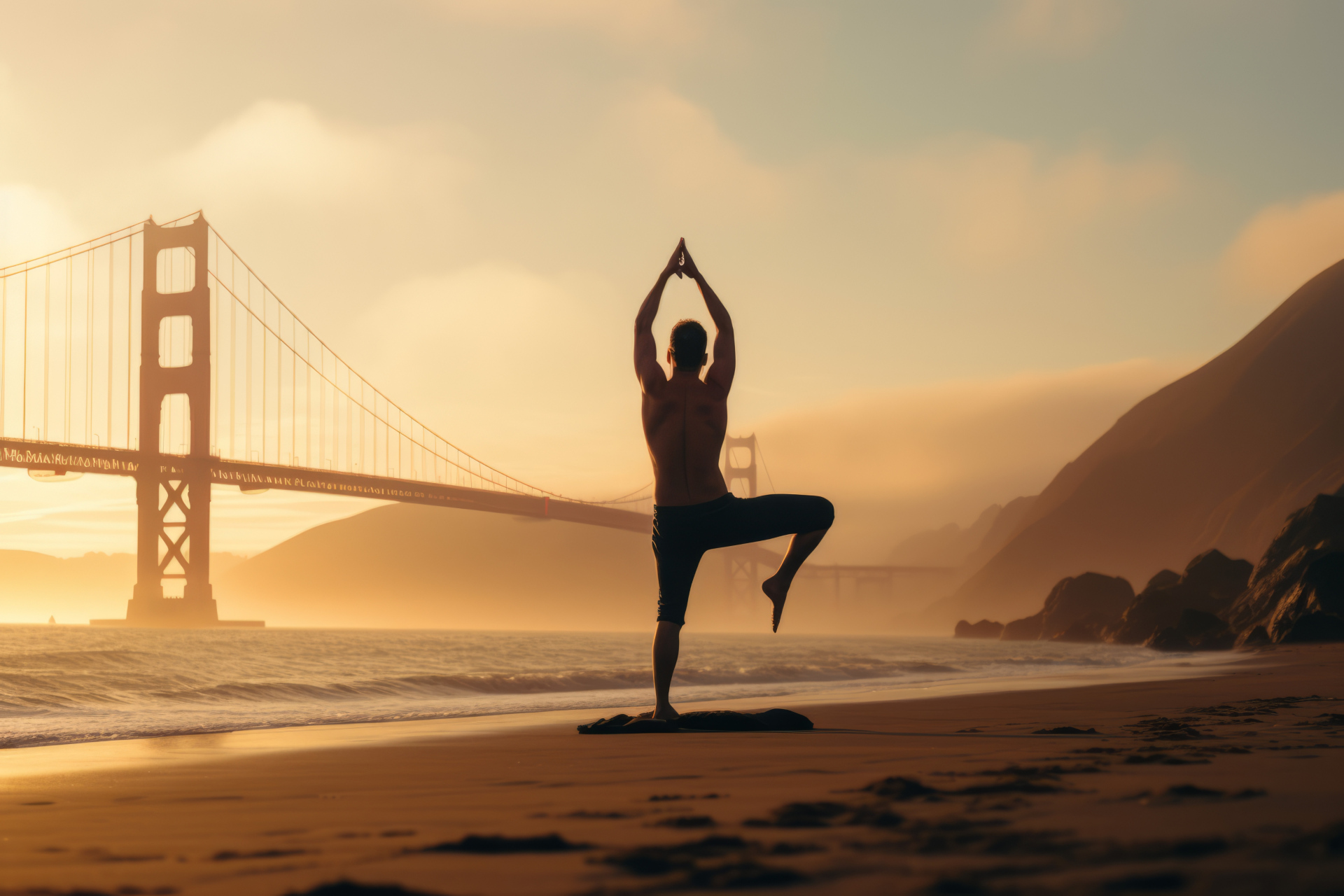A man practicing yoga on the beach with the Golden Gate Bridge in the background.