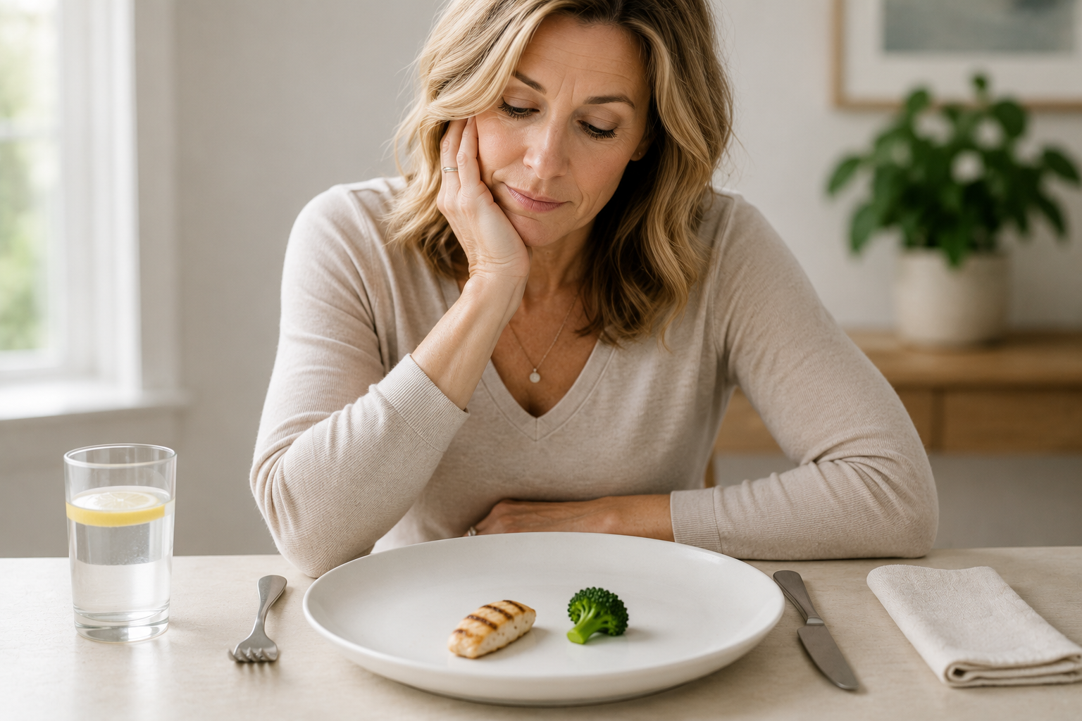 woman in front of sparse plate of food